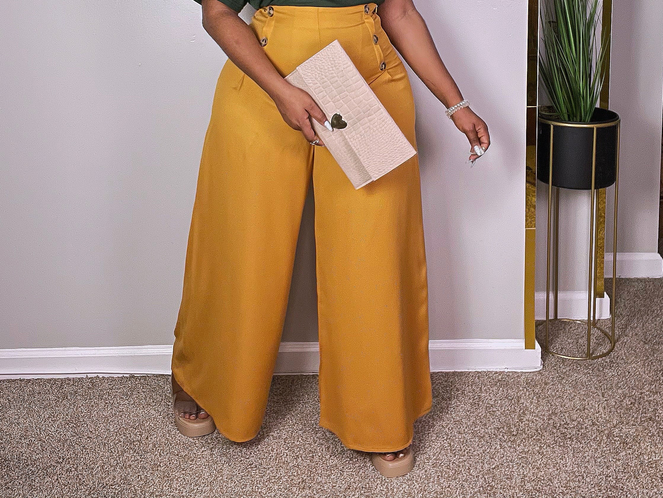 Yellow High Waist Palazzo Pants With Buttons Yellow Wide Flared