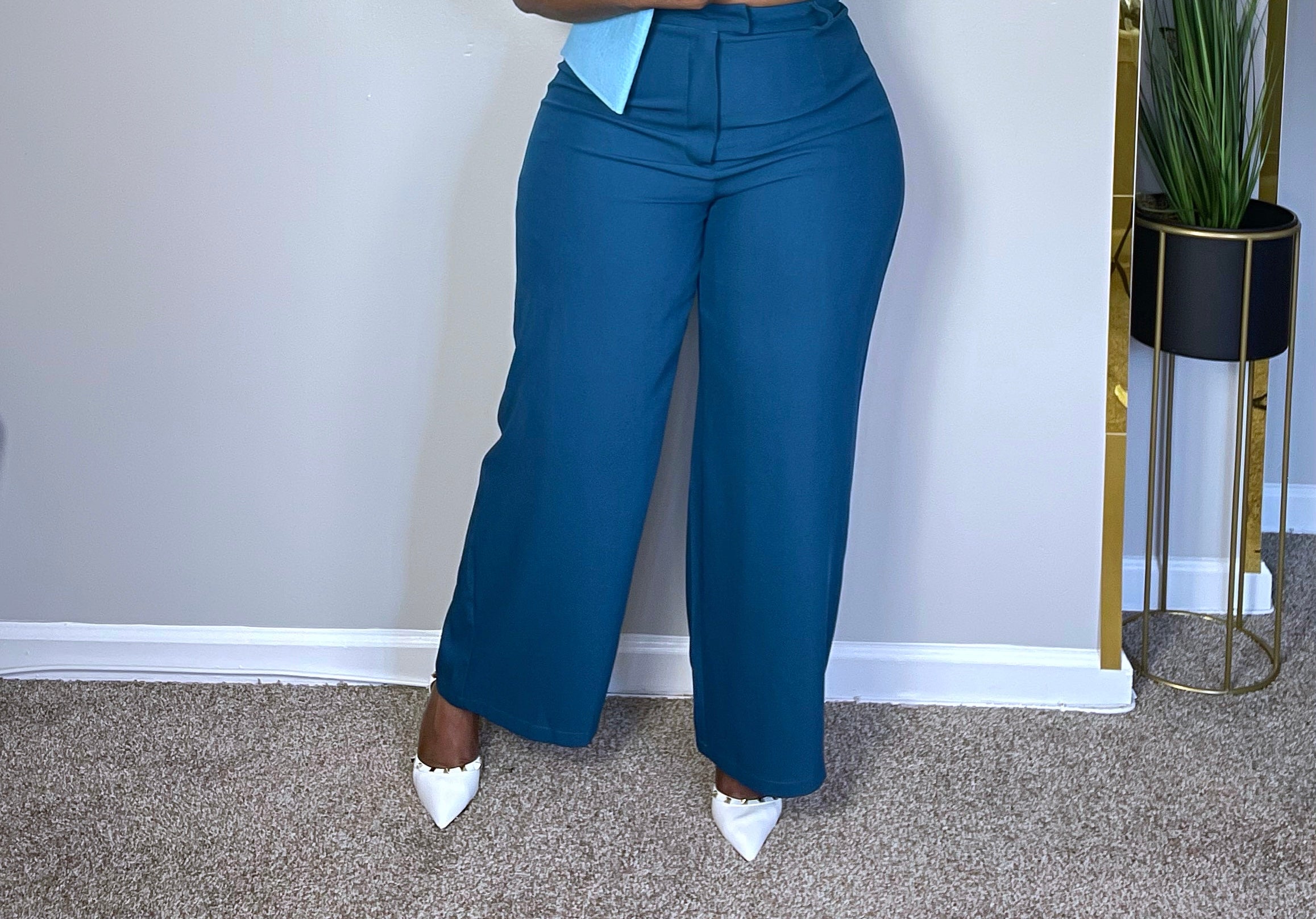 Hight Waist Pant Palazzo with Zipper Ocean Blue color